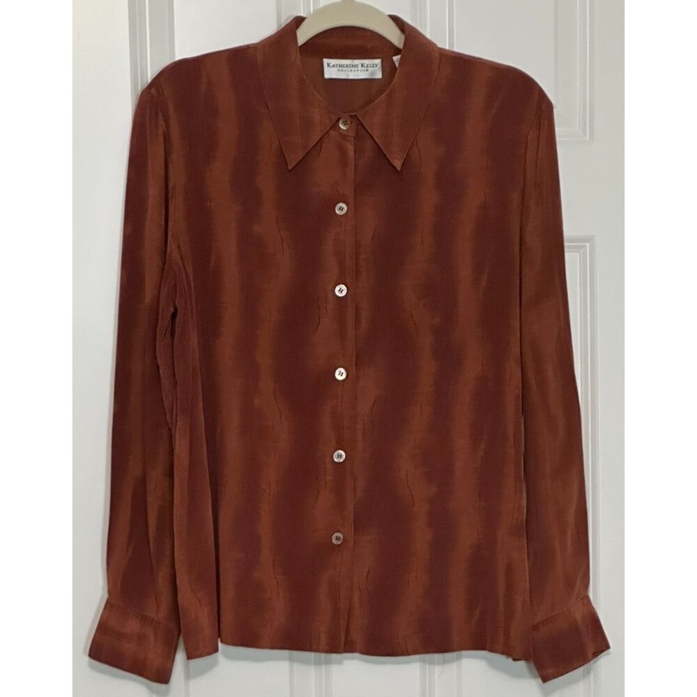 Katherine Kelly 100% Silk Button Down Shirt Women’s Size 12 Brown Career‎ Office